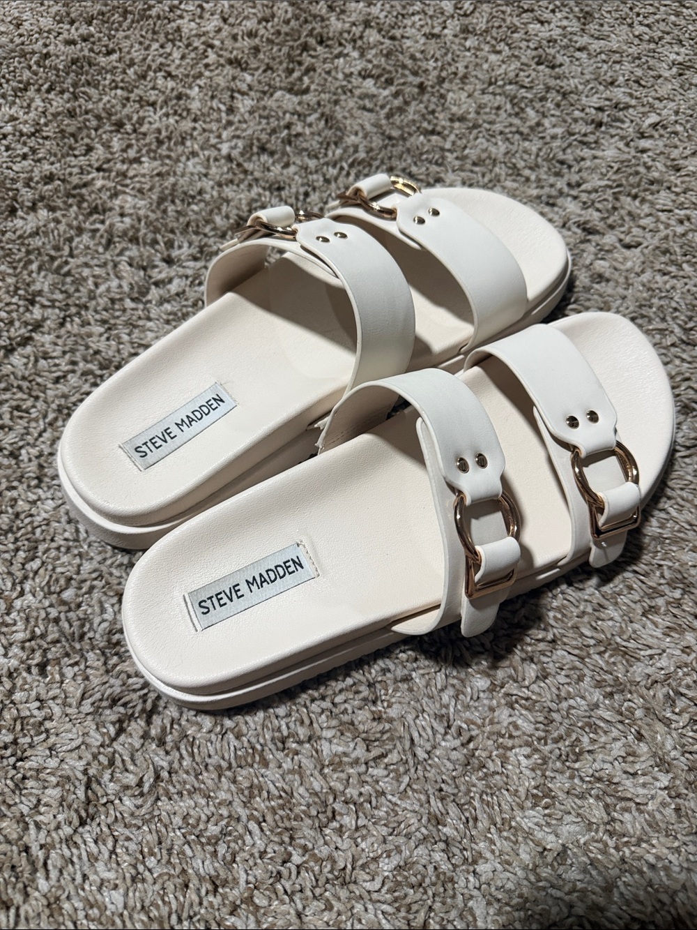 Steve Madden Ivory Slide Sandals with Gold Buckles